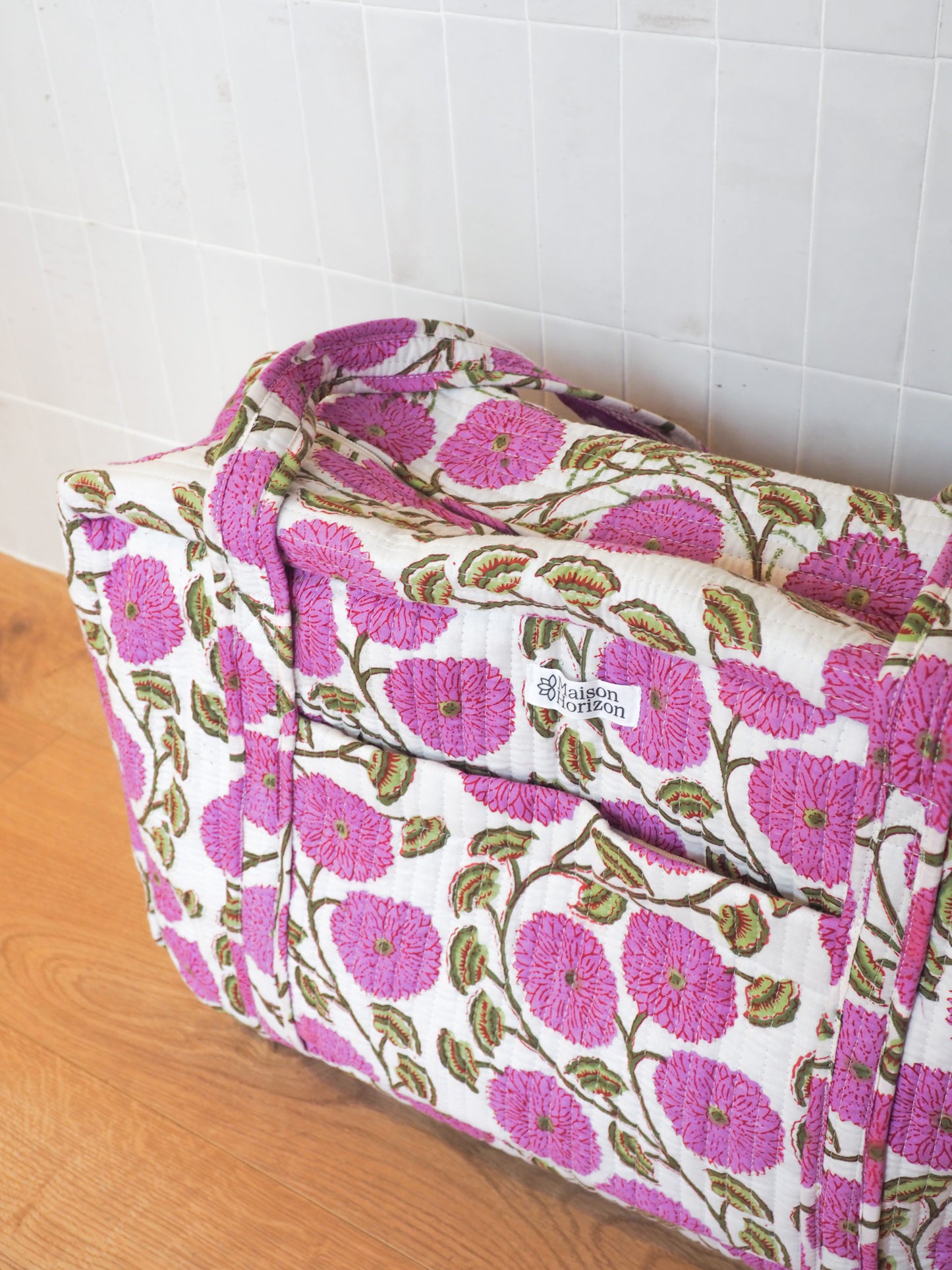 Sac weekend fleuri violet/blanc