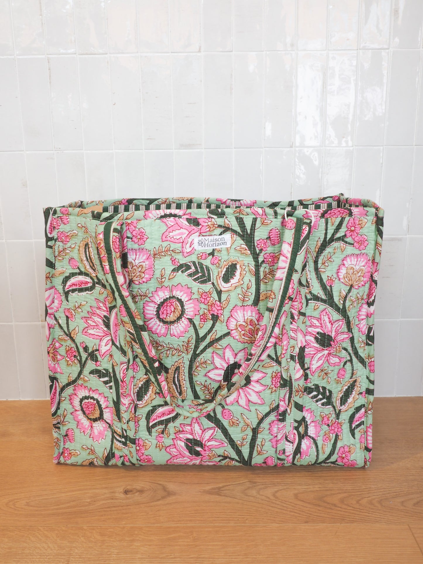 Sac cabas fleuri vert/rose