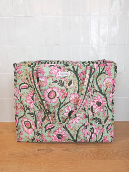 Sac cabas fleuri vert/rose