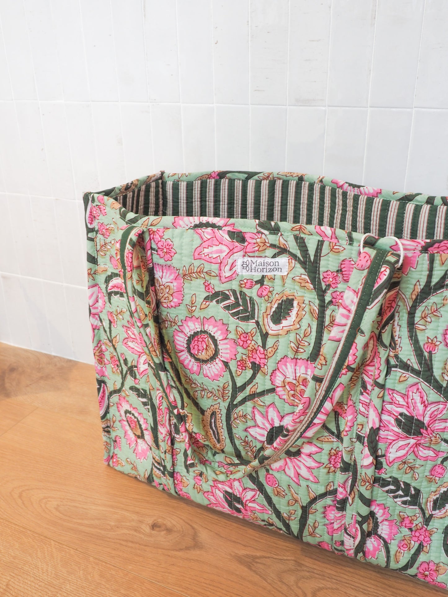 Sac cabas fleuri vert/rose