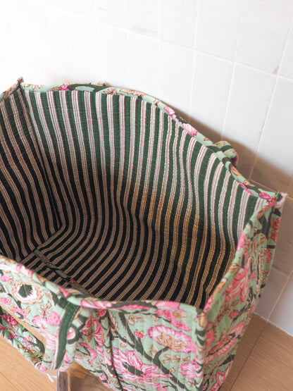 Sac cabas fleuri vert/rose