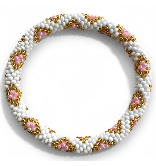 Bracelet népalais blanc/doré/rose