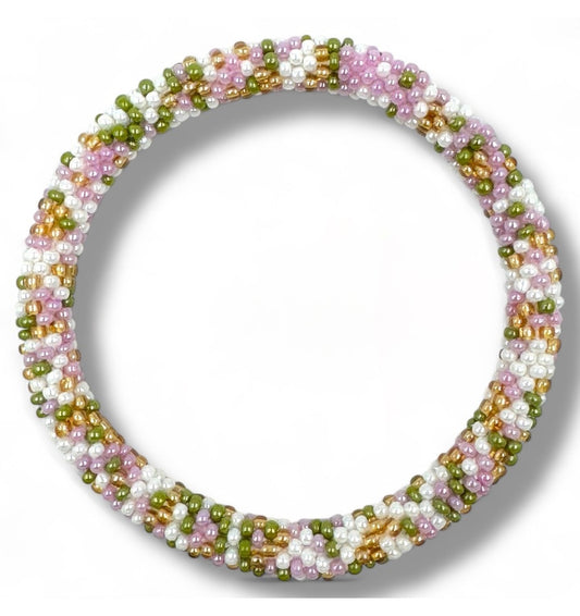 Bracelet népalais blanc/vert/rose/doré