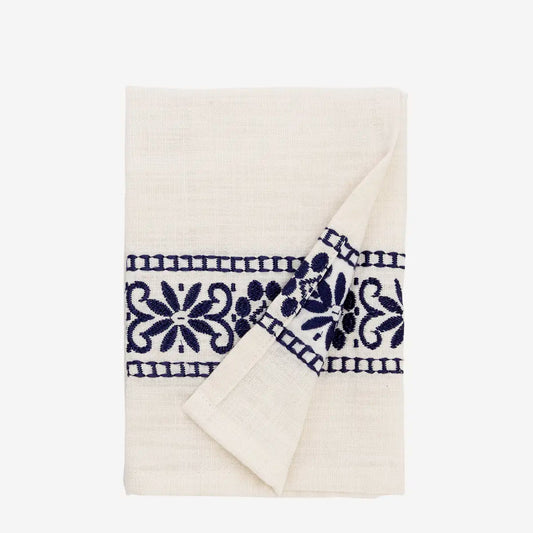 Torchon écru motif bleu