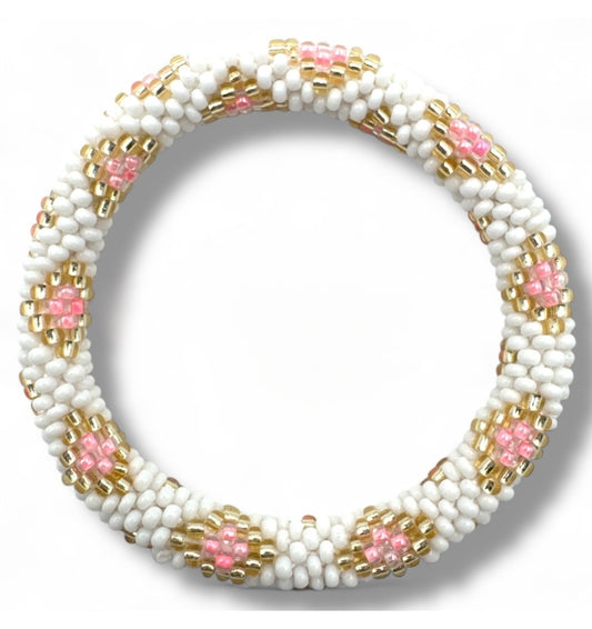 Bracelet népalais enfant blanc/rose/doré